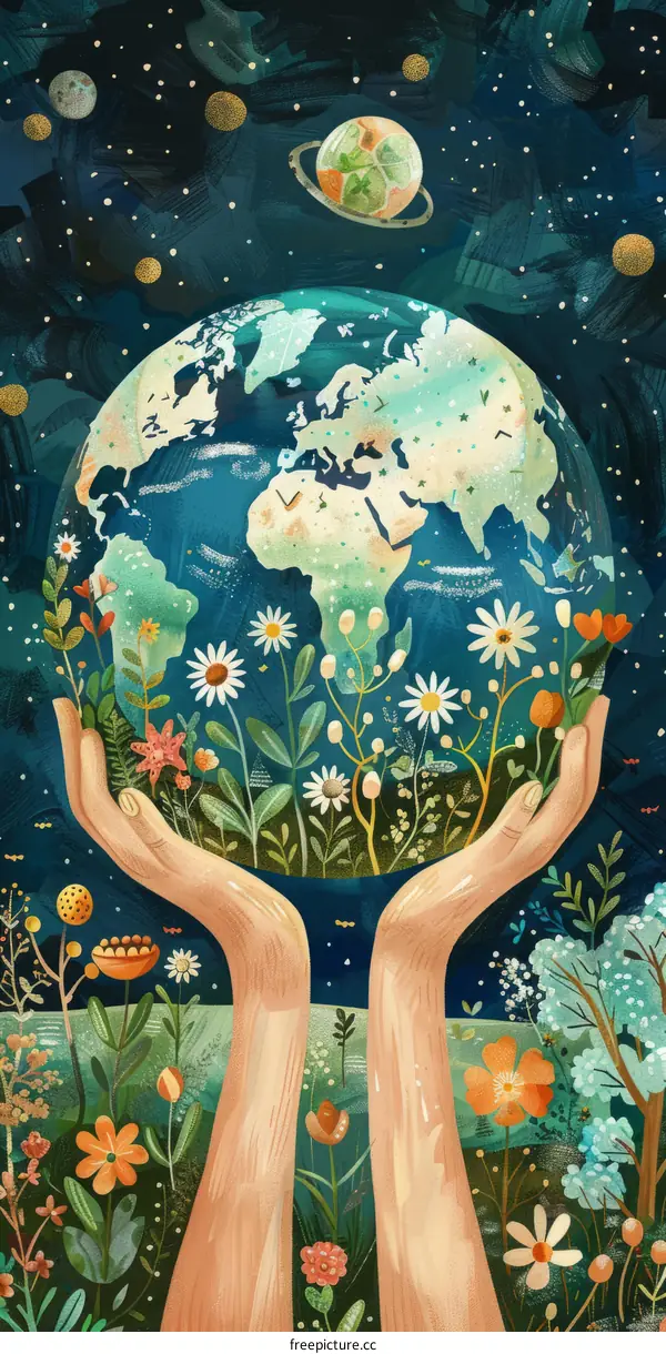 Hands holding the earth with flowers and plants growing on it