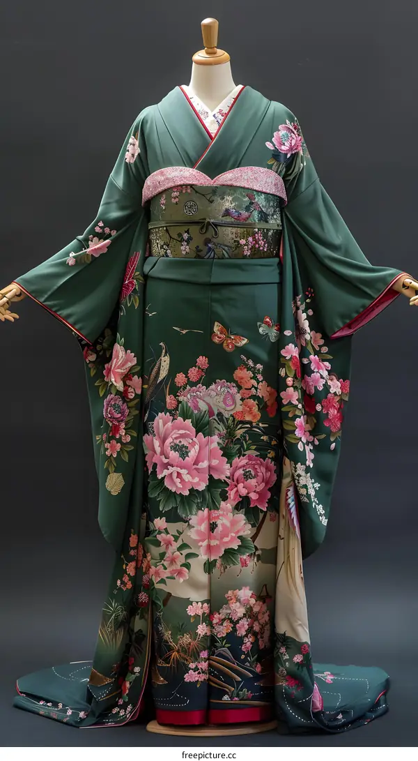 A woman wearing a green and pink kimono with floral and bird patterns