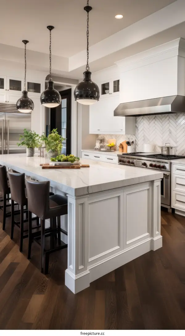 Modern Farmhouse Kitchen With White Cabinets and Dark Hardwood Floors