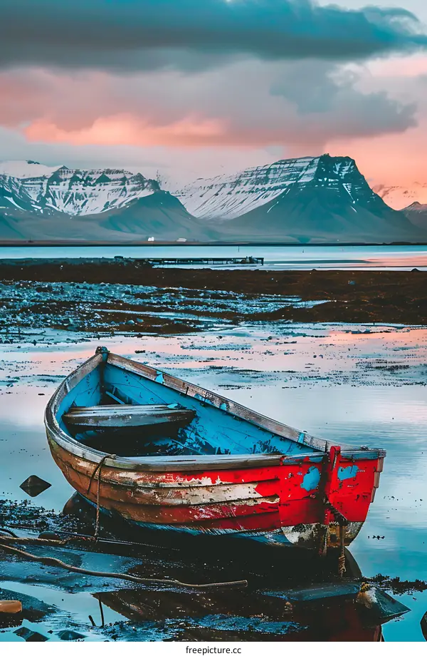 Red and Blue Boat at Sunset with Mountains in the Background