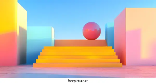 Abstract Colorful 3D Geometric Shapes with Sphere on Top of Stairs