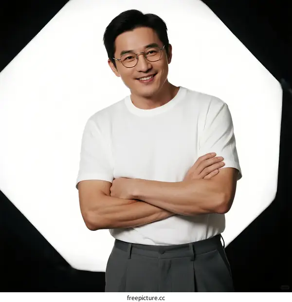 Man in white t-shirt with arms crossed in front of light