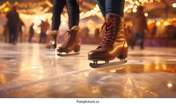 Two people ice skating on a rink with blurred lights in the background