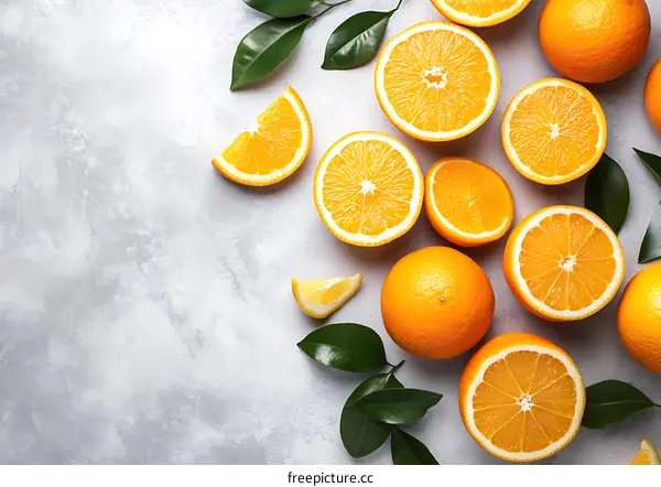 Fresh Orange Slices with Green Leaves on Grey Background