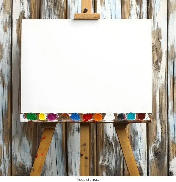 Blank Canvas on Easel Against Rustic Wooden Background