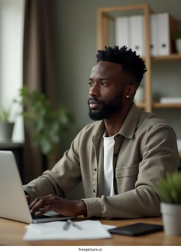 African Man Working on Laptop in Office
