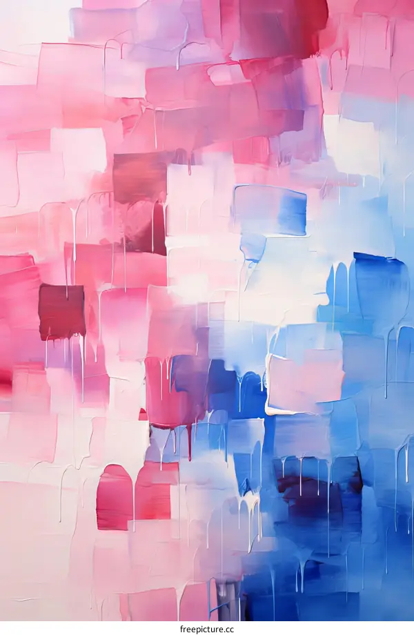 Colorful abstract painting with pink, blue, and white hues