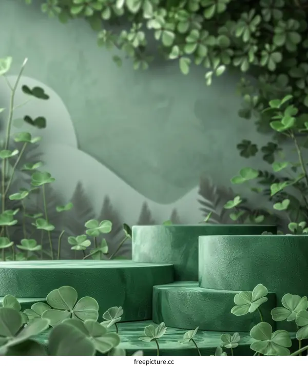 Green podiums with clovers in the background