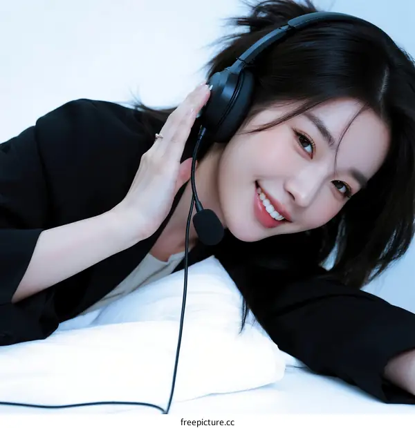 Woman wearing headphones lying on bed with a pleasant expression