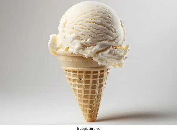 Melting Vanilla Ice Cream Cone on White Background