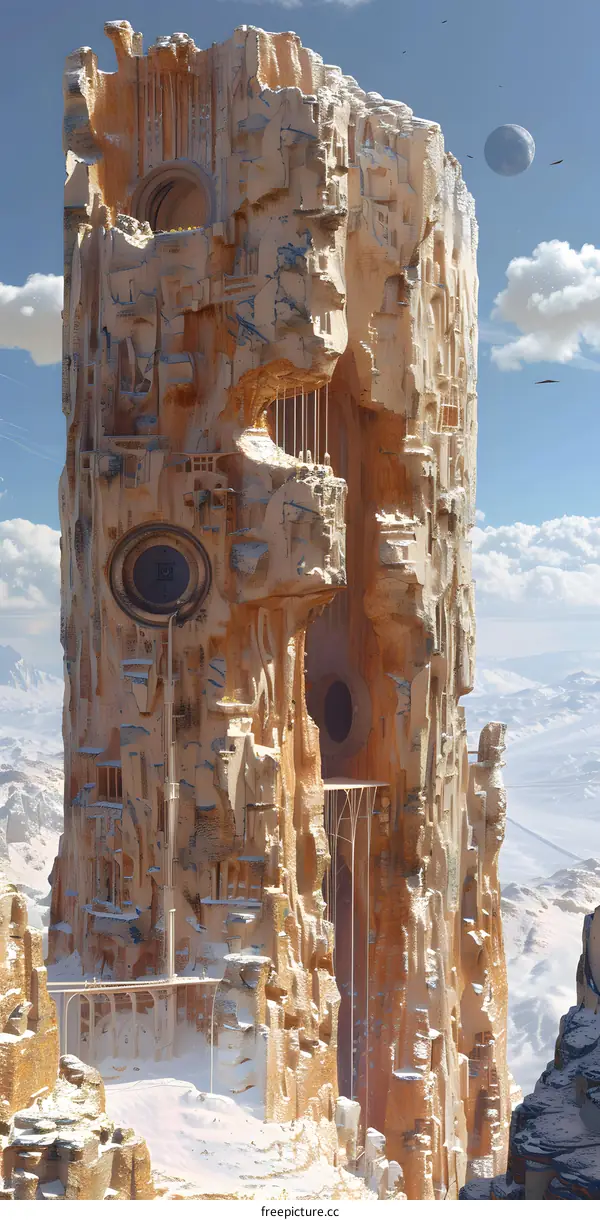 A tall rocky tower in a snowy mountain landscape with a blue sky and two moons.