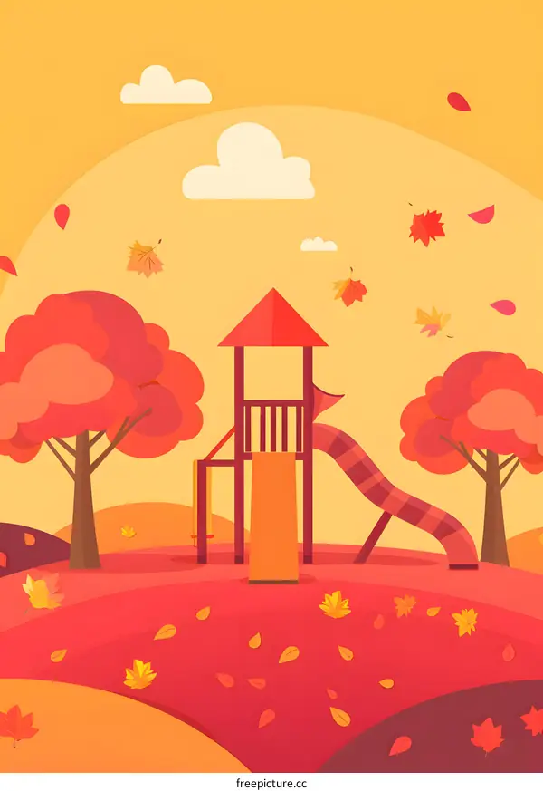 Autumn Landscape with Playground and Falling Leaves