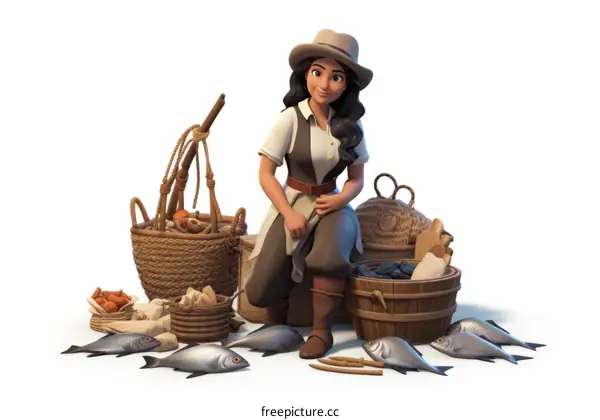 Illustration of a female fishmonger selling fish in a market