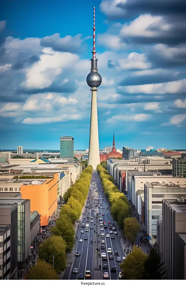 A bird's eye view of a busy street in a major city with a tall tower in the distance