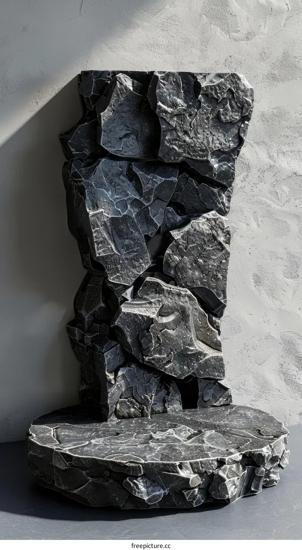 Black rough stone pillar on a gray background
