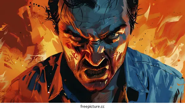 Angry Man with Intense Expression in Orange and Blue Color Palette