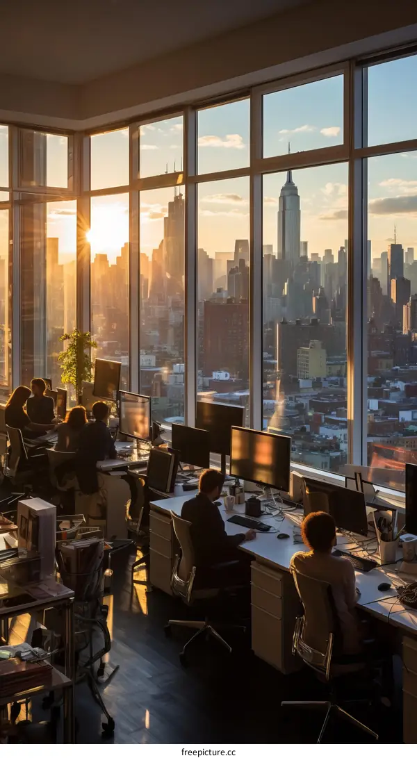 People working in an office with a view of the city