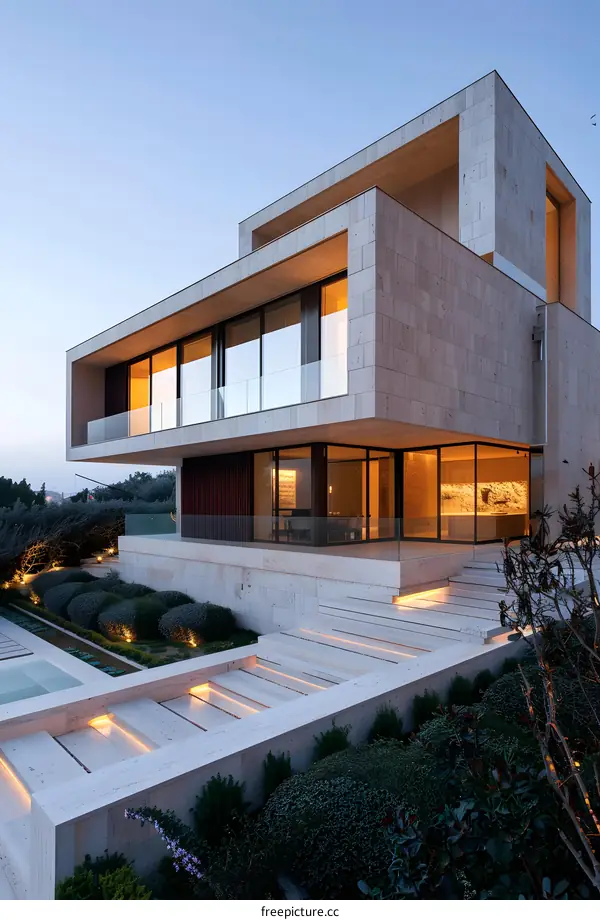 Modern House Exterior with Stone Facade and Landscaped Garden