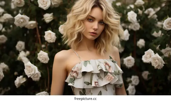 Portrait of a beautiful young woman with blond hair and blue eyes standing in a garden of white roses
