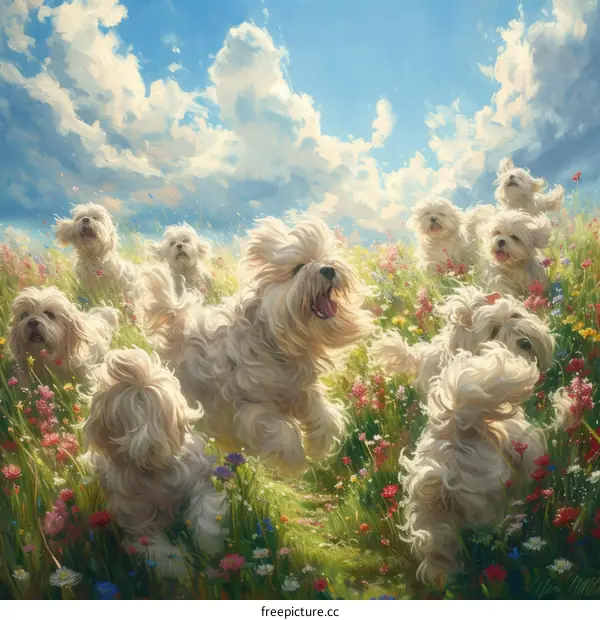 A group of white dogs are running through a field of flowers