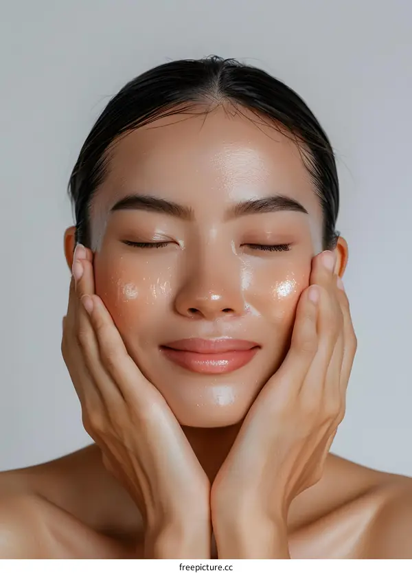 portrait of a beautiful asian woman with wet hair and closed eyes