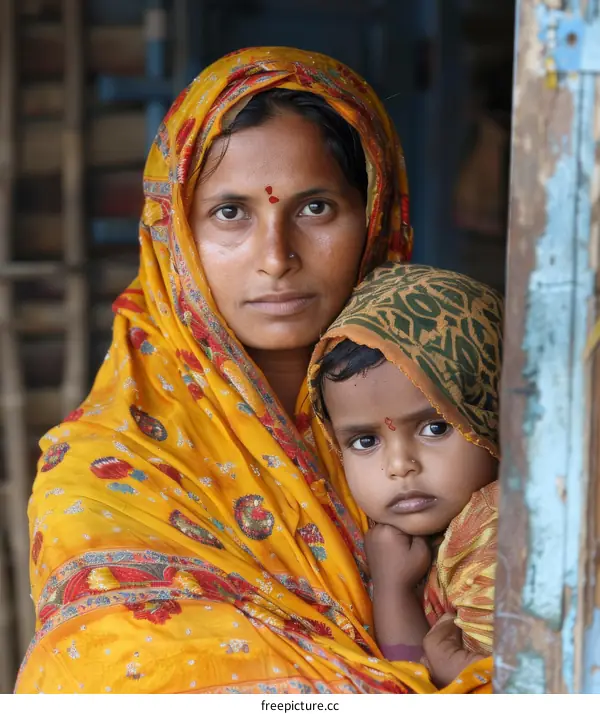 A mother and her child in a rural village in India