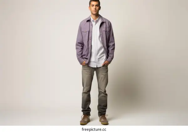 Young man standing in front of a white background wearing a purple shirt and blue jeans with his hands in his pockets