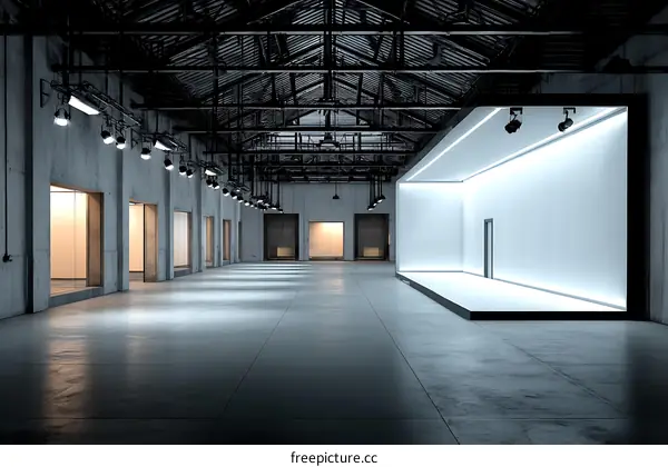 Industrial Style Empty Exhibition Hall with White Showcase