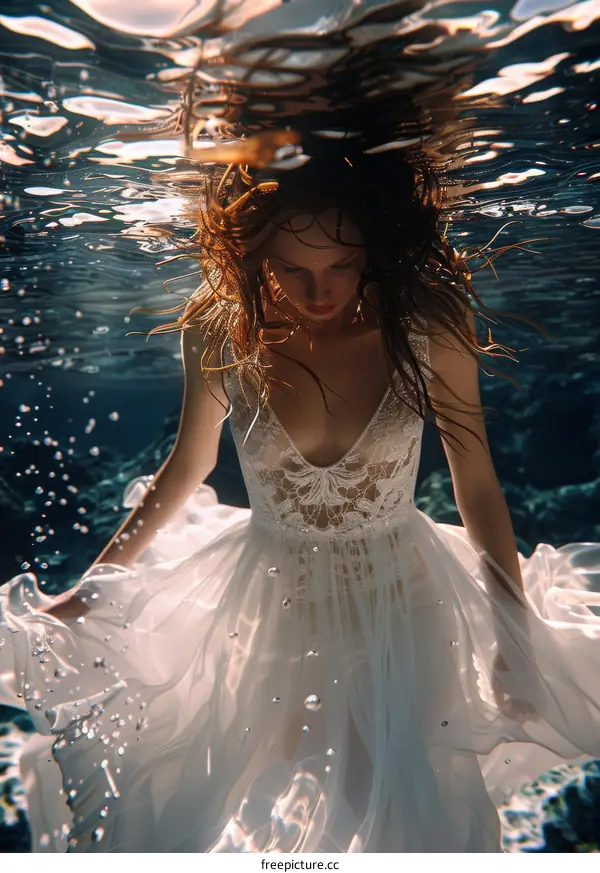 An ethereal underwater portrait of a woman in a white dress