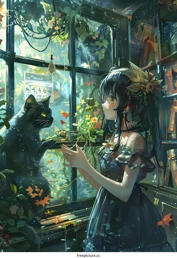 Girl with Black Cat Looking at Plants Through Window