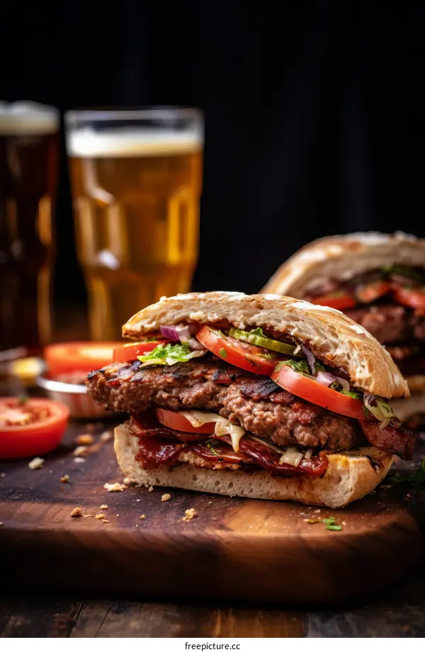 A delicious burger with bacon, cheese, and tomato on a wooden cutting board with two glasses of beer in the background