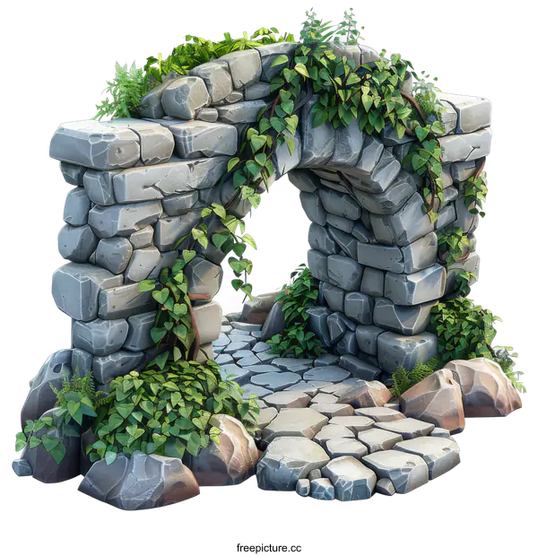 [Transparent Background PNG]Ancient Stone Archway Covered in Vines