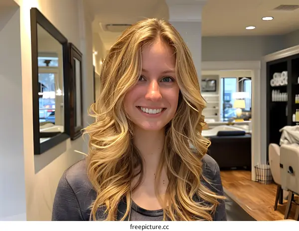 Blonde Hair Woman Smiling at Camera in Salon