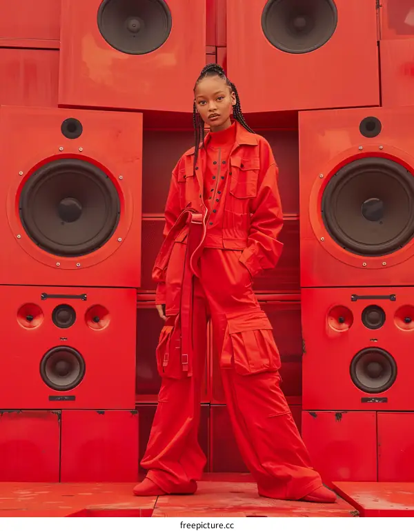 black woman in red jumpsuit posing in front of red speaker wall