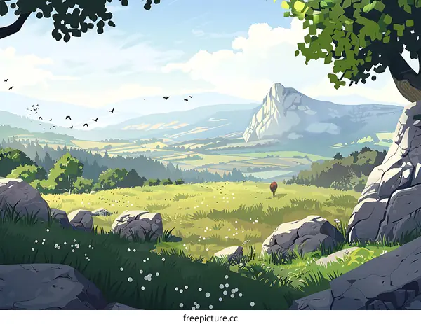 Mountain Landscape Illustration With Green Meadow And A Large Rock