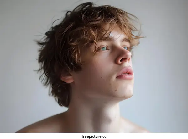 Close Up Portrait of Young Man with Brown Hair and Blue Eyes