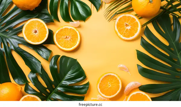Tropical Fruit and Leaves Flat Lay on Yellow Background