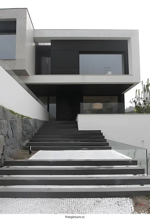 Modern House Entrance with Black and White Stairs
