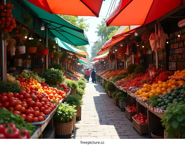 Fresh Produce Market Stall with Bright Red Tomatoes and Oranges