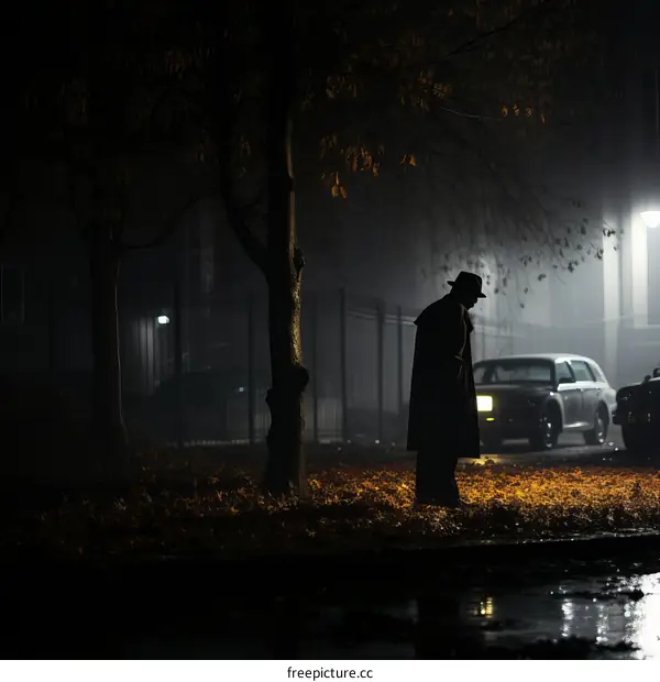 Man in a trench coat standing alone in a foggy street at night