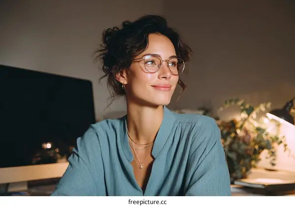 Woman in Glasses Working at Night