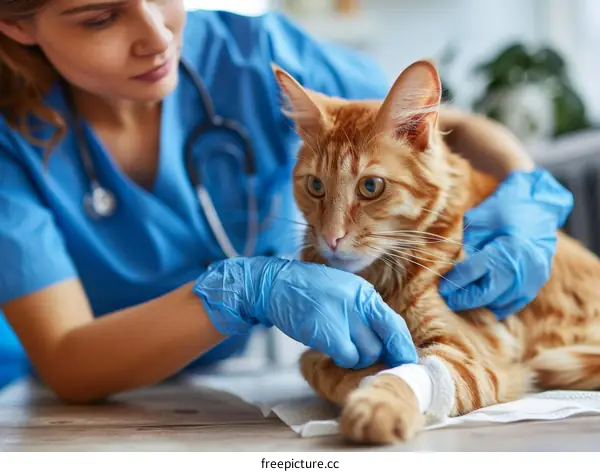 Close-up Of A Veterinarian Examining An Injured Ginger Cat