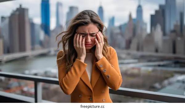 Distraught woman holding her head in her hands