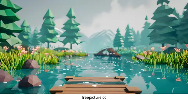Low Poly Forest Lake With Wooden Dock