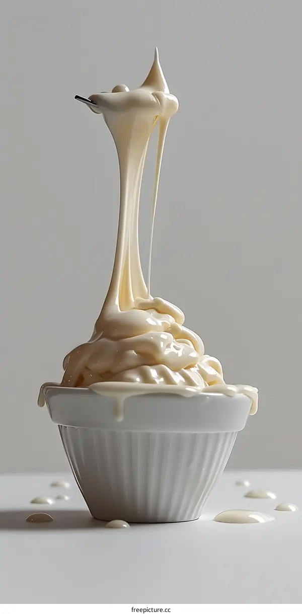 White Cream Dripping From Spoon Into Bowl