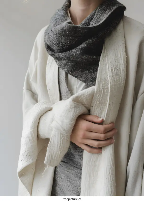 Woman Wearing a White Cardigan and a Black Scarf