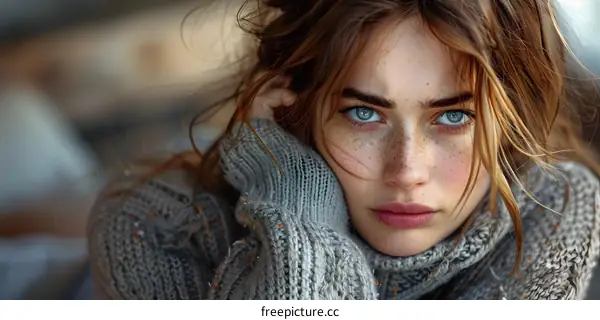 Portrait of a young woman with freckles
