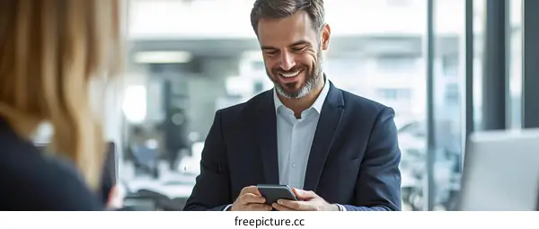 Businessman Smiling While Using Smartphone