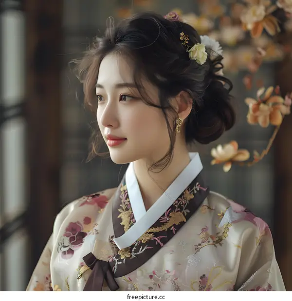 Portrait of a young woman in traditional Korean dress, or Hanbok