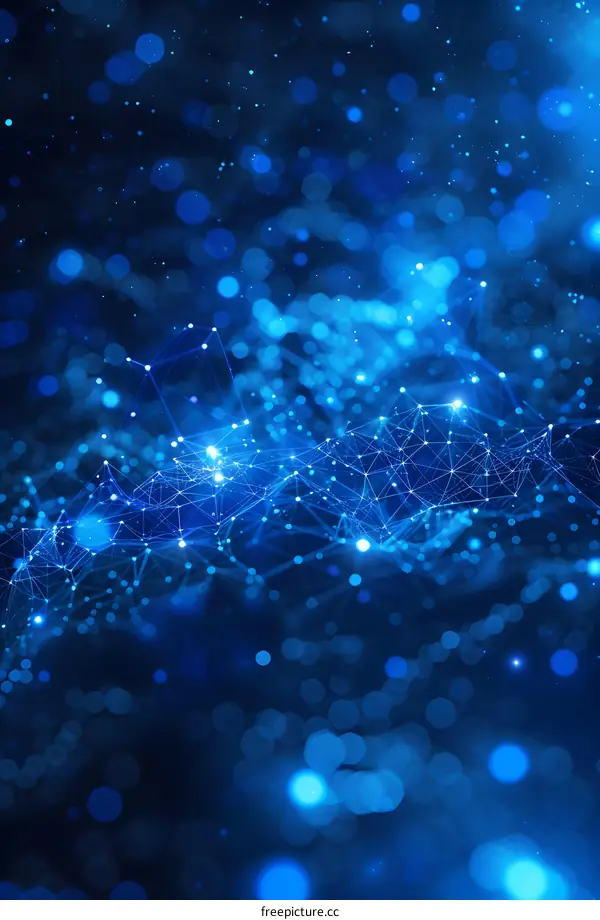 Blue abstract background with plexus of glowing dots and lines.